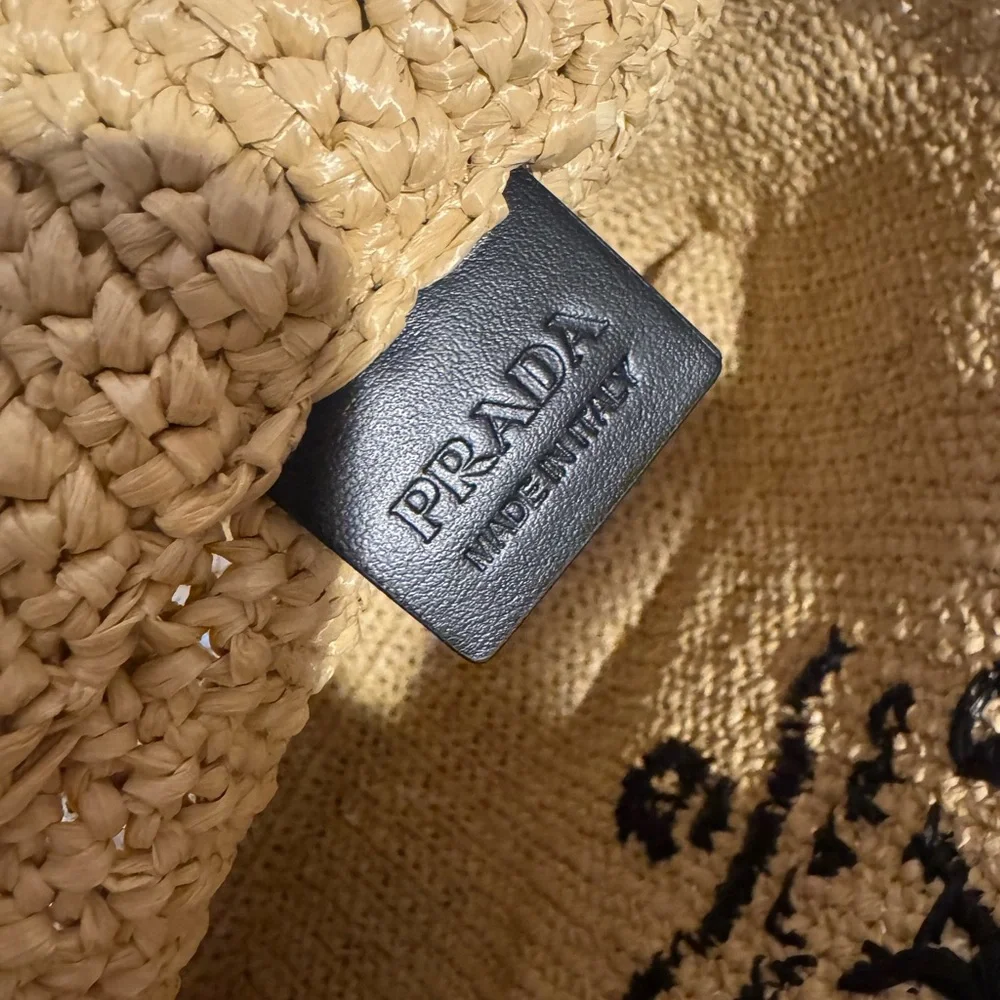 PRADA NWT Crochet Raffia Tote Bag Straw Logo Purse Natural - Picture 9 of 12